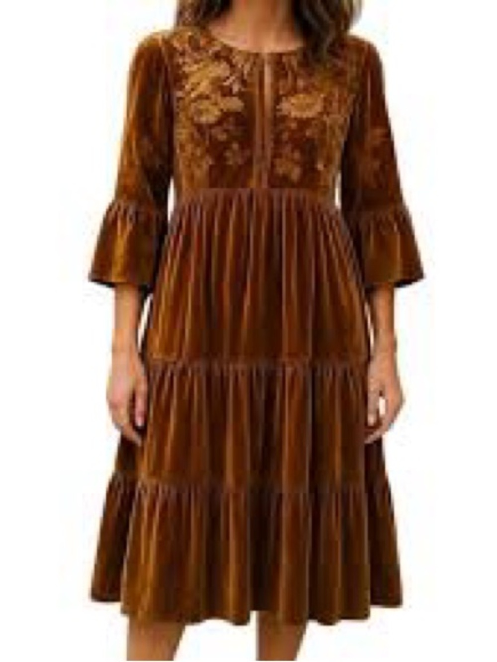 Johnny Was Boho Golden Brown Tiered Velvet Millie Midi Dress w Bell Sleeves XXL